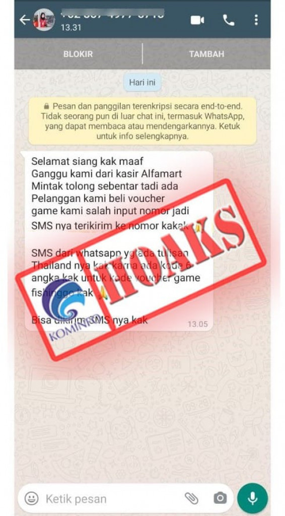 [HOAKS] Pesan WhatsApp Mengatasnamakan Kasir Alfamart dan Meminta 6 Digit Kode WhatsApp